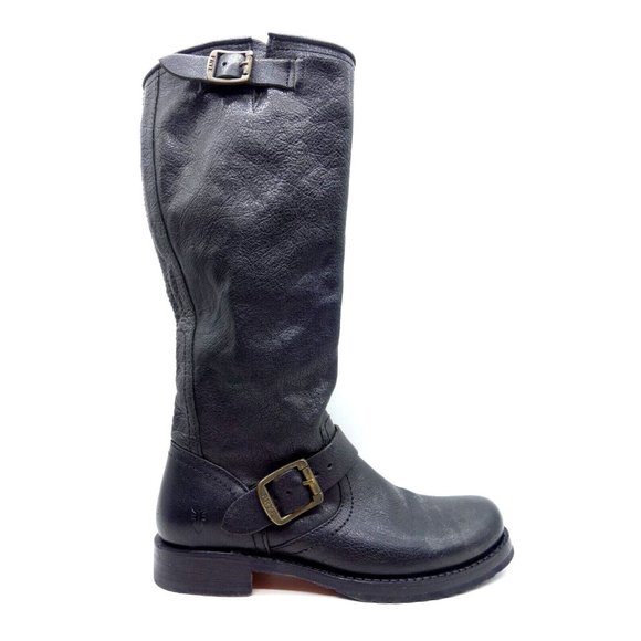 Frye Logo Black Leather Buckle Pull On Riding Boots Shoes Women's 6 B - Picture 1 of 9